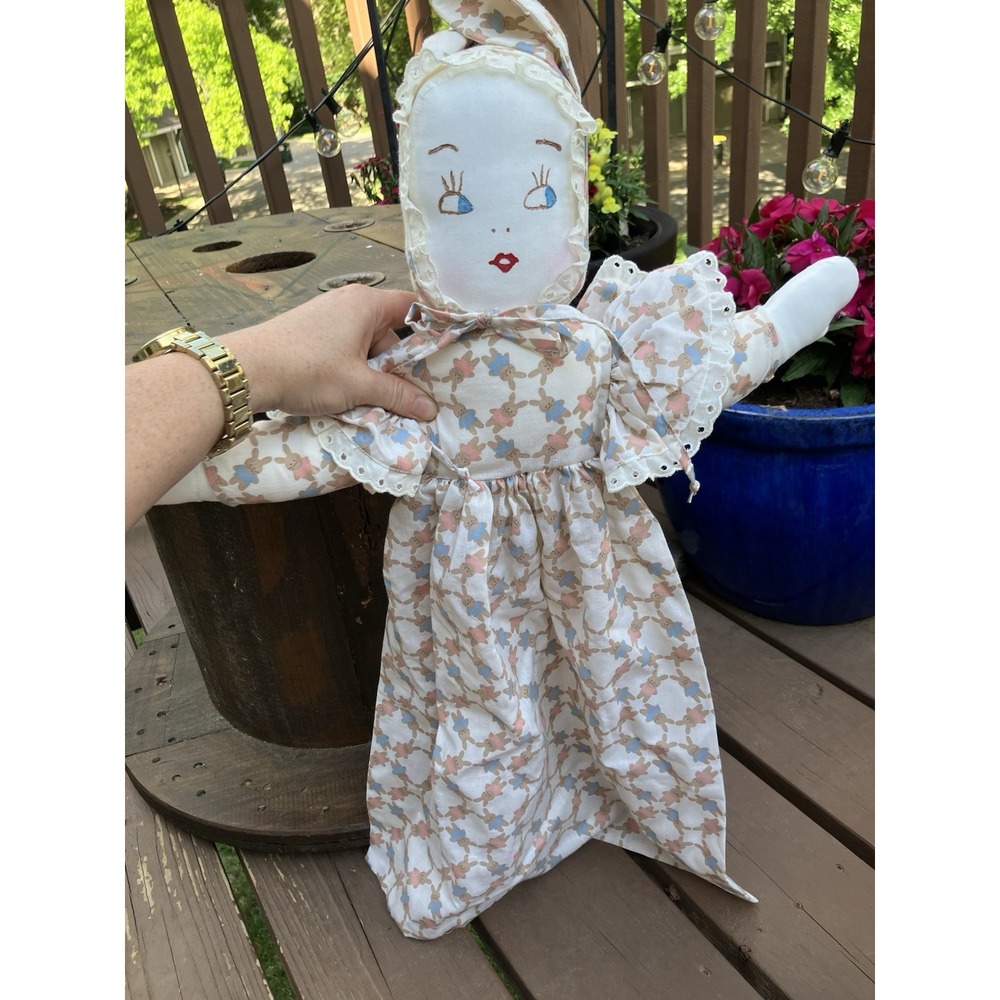 Set of 2 Handmade Cloth Rag Dolls Primitive Bunny Bonnet Shelf Sitters 26" - Picture 2 of 13